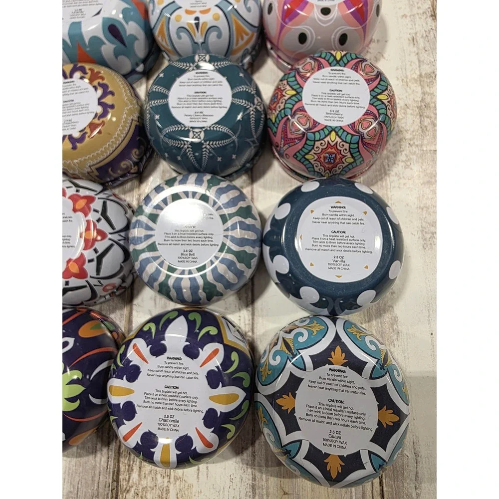 12 Pack Scented Soy Wax Candles in Decorative Boho Tins 2.5oz Each Gift‎ Set
